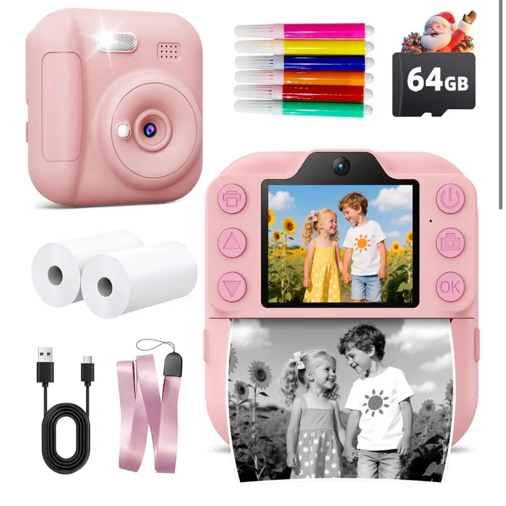 Kids Instant Print Camera – Coxlame Pink Digital Camera, New, 64GB SD, Stickers,